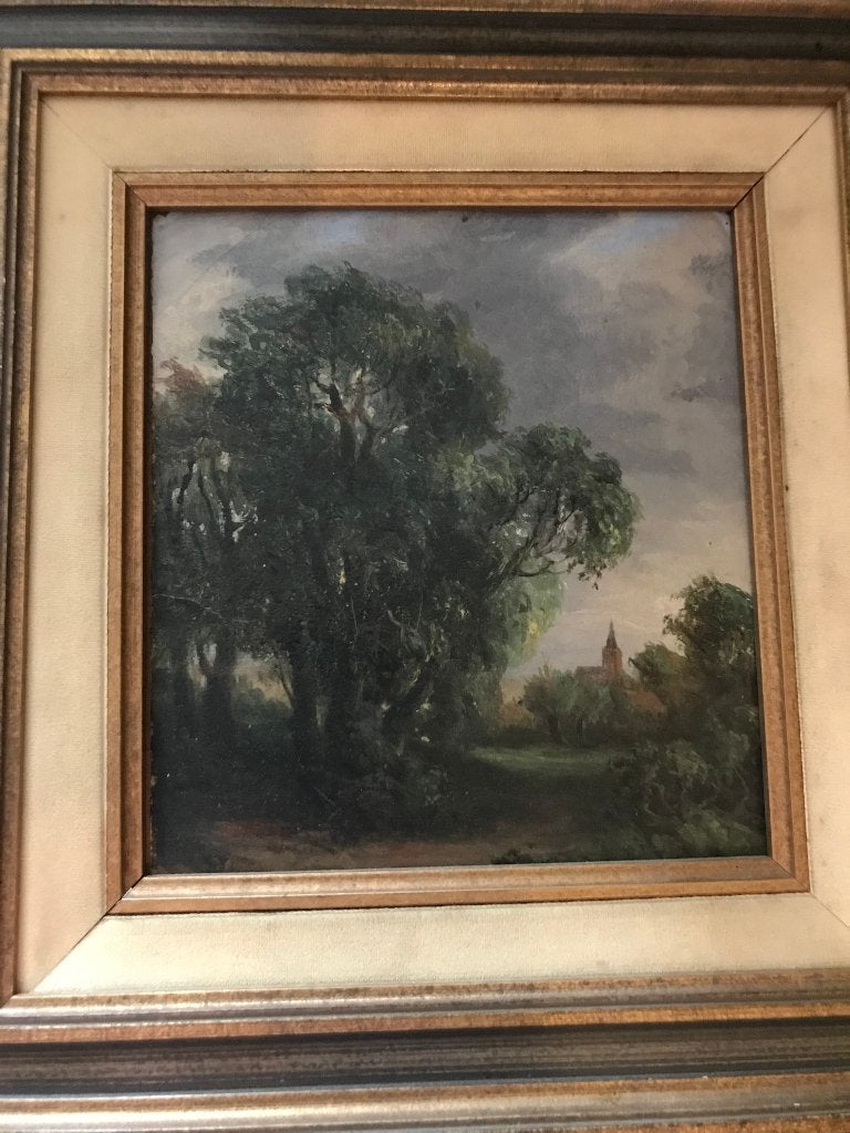 olieverf schilders karton landschap met kerk 19 eeuw, Origineel werk, Overige ondergronden, Ophalen of Verzenden, Landschap