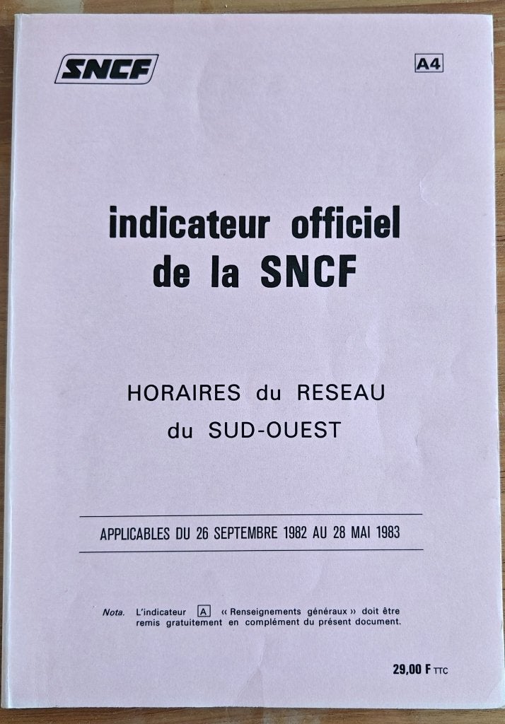 SNCF Indicateur Officiel A4 Reseau Sud-Ouest hiver 1982-83, Verzamelen, Ophalen of Verzenden, Gebruikt, Trein, Boek of Tijdschrift