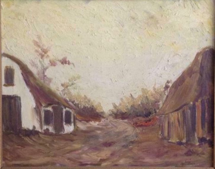 Olieverf Schilderij van een Drents boerderij met schuur., Doek, Oud hollands, Ophalen of Verzenden, Handgeschilderd