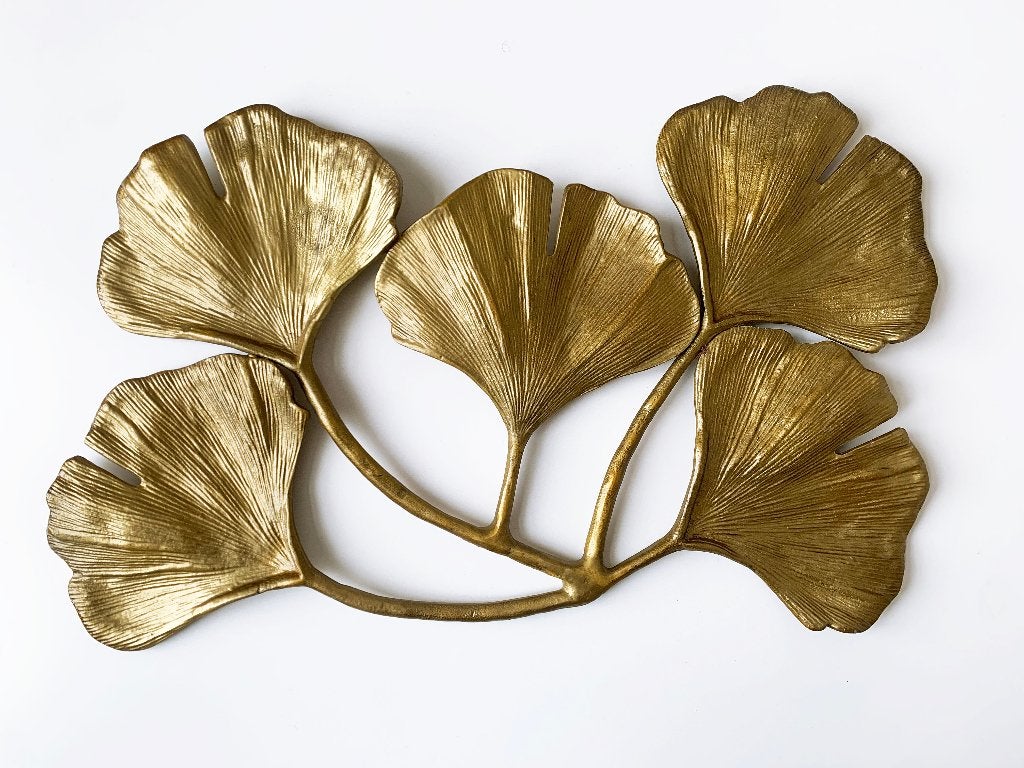 Metalen wanddecoratie tak bladeren ginkgo hollywood regency, Metaal, Wandsculptuur, Gebruikt, Boho