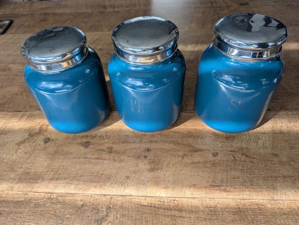 Emaille petrol koffie, thee en suiker voorraadbussen, Antiek en Kunst, Ophalen of Verzenden