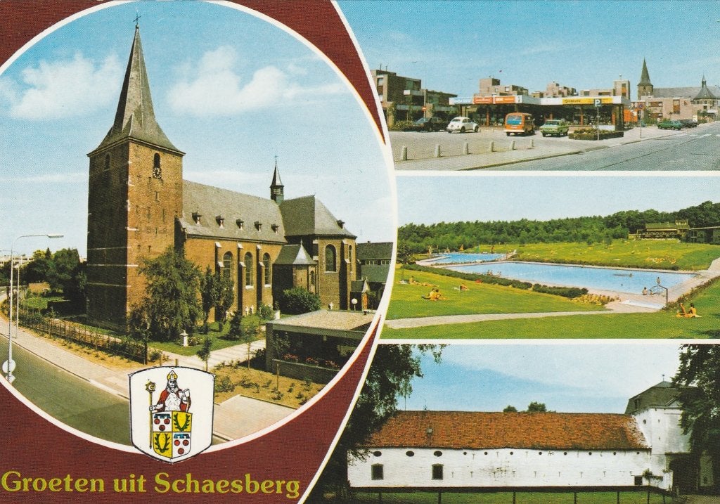 SCHAESBERG Kerk Kerkplein Zwembad Hoeve Groeten, Verzamelen, Verzenden, 1960 tot 1980, Gelopen, Limburg