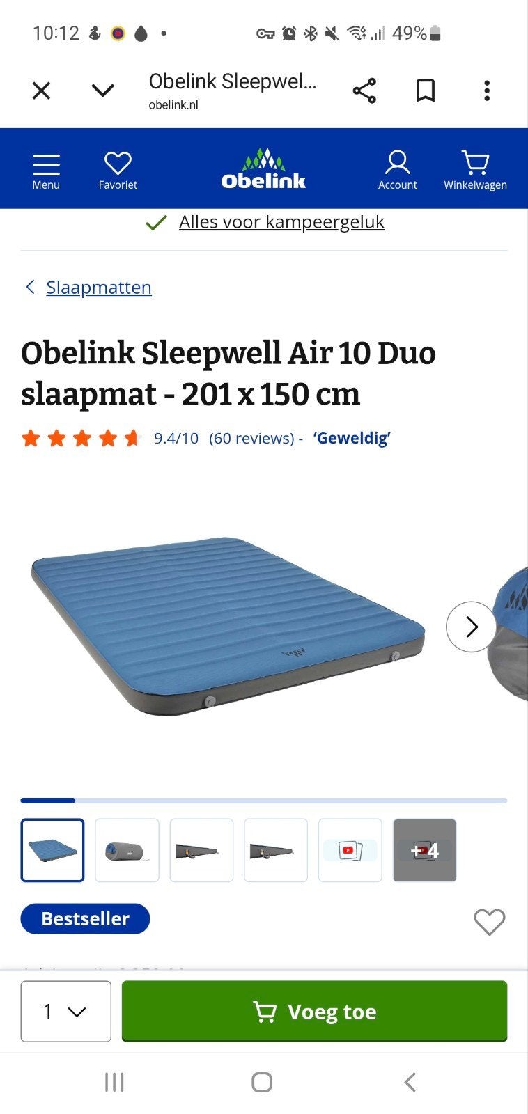 Obelink Sleepwell Air 10 Duo slaapmat - 201 x 150 cm, Caravans en Kamperen, Ophalen of Verzenden, Gebruikt, 2-persoons