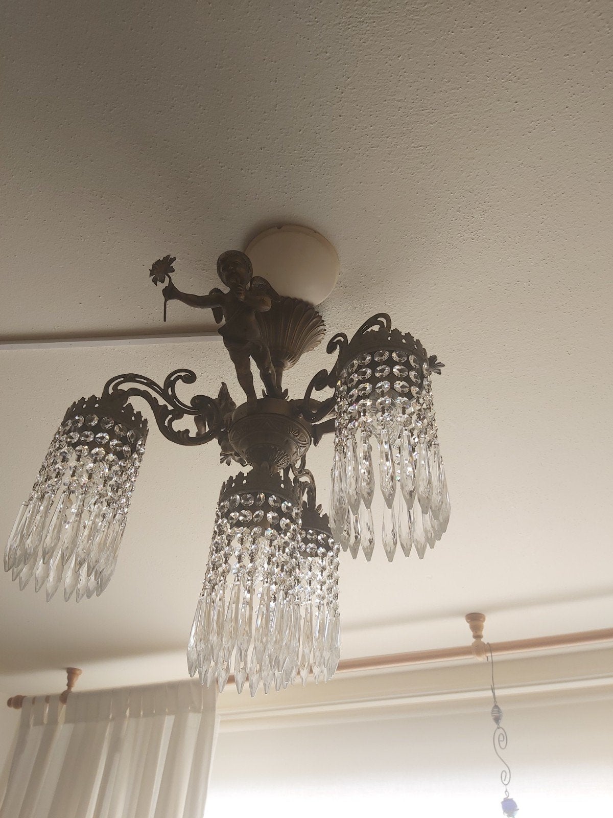 Gave antieke bronzen kristallen cupido plafoniere, Huis en Inrichting, Ophalen of Verzenden, Zo goed als nieuw