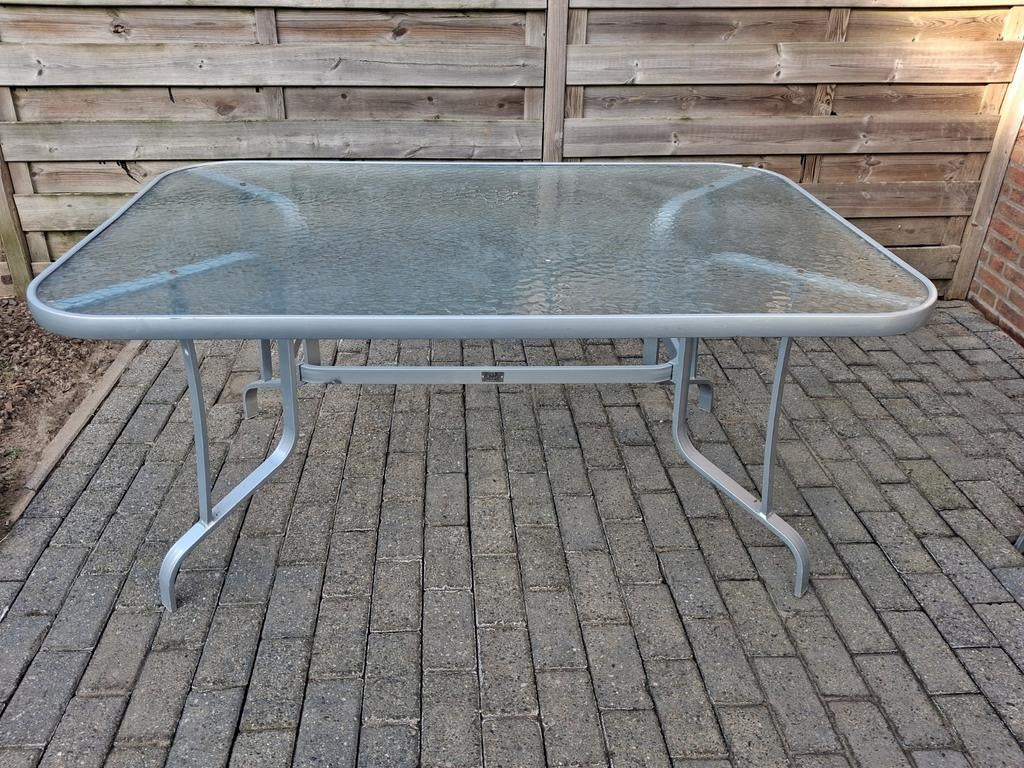 Tuin-/Balkontafel met glazen blad, Tuin en Terras, Tuintafels, Ophalen of Verzenden, Rechthoekig, Aluminium