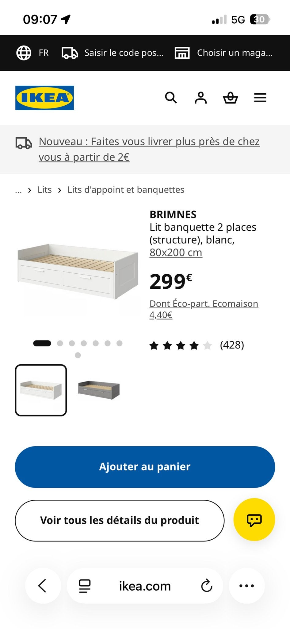 IKEA BRIMNES Bedbank 2-persoons met opberglades, Ophalen, Verstelbaar, Wit, Tweepersoons