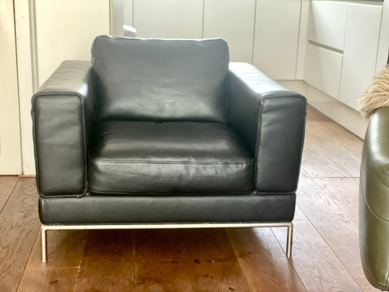 Zwarte Leren Fauteuil  (corbusier-look), Ophalen, Gebruikt, Corbusier, Leer