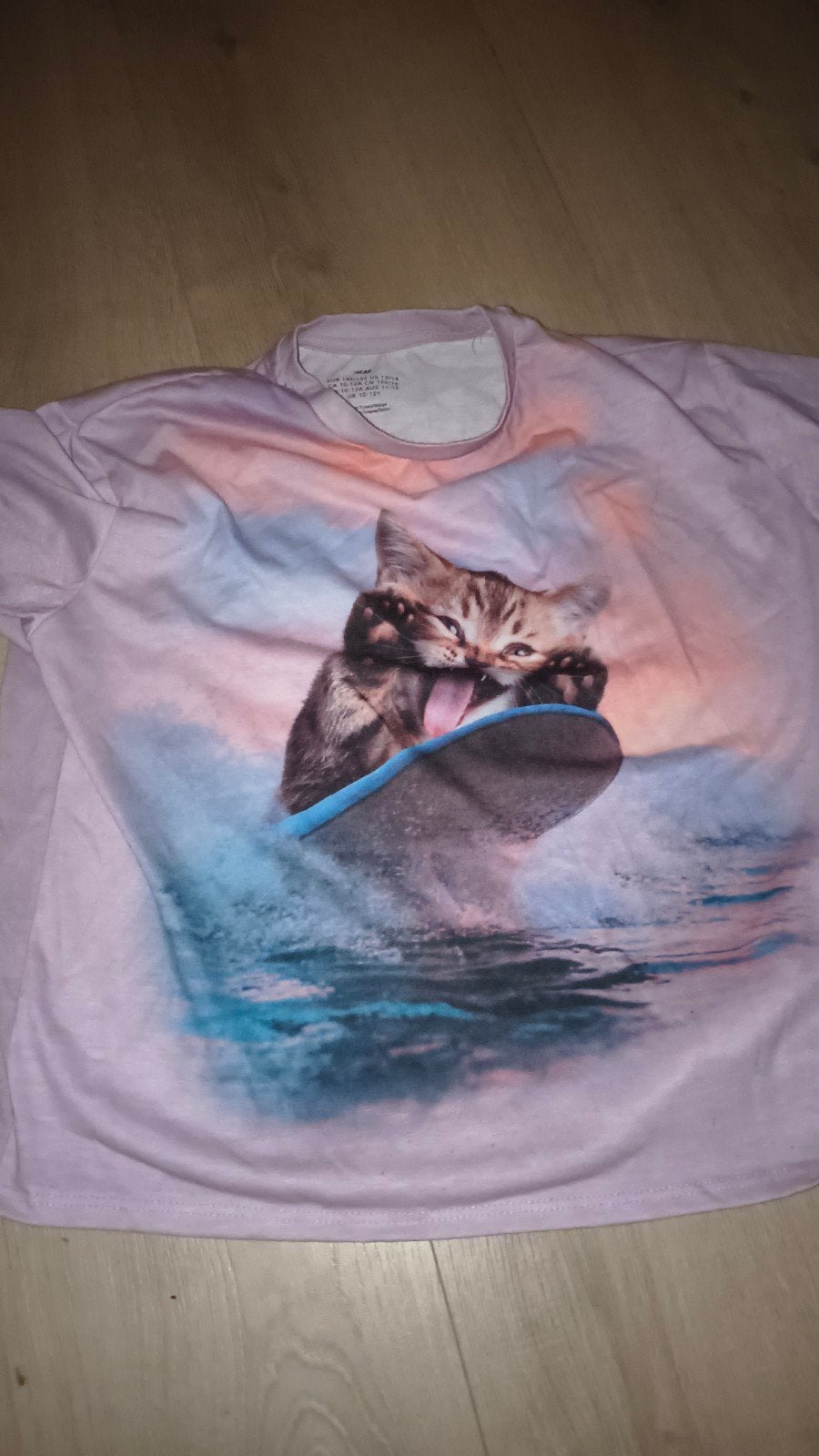 H&M T-shirt met surfende kat - Maat 146/152, Kinderen en Baby's, Kinderkleding | Maat 152, Gebruikt, Jongen of Meisje, H&M, Ophalen of Verzenden
