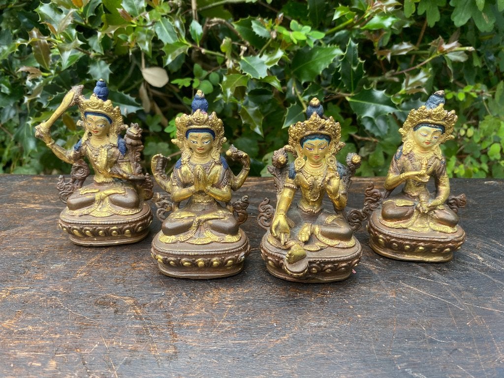 Set van 4 vintage Goldface boeddha beelden uit Nepal, Gebruikt, Gesigneerd, Ophalen of Verzenden, Nvt