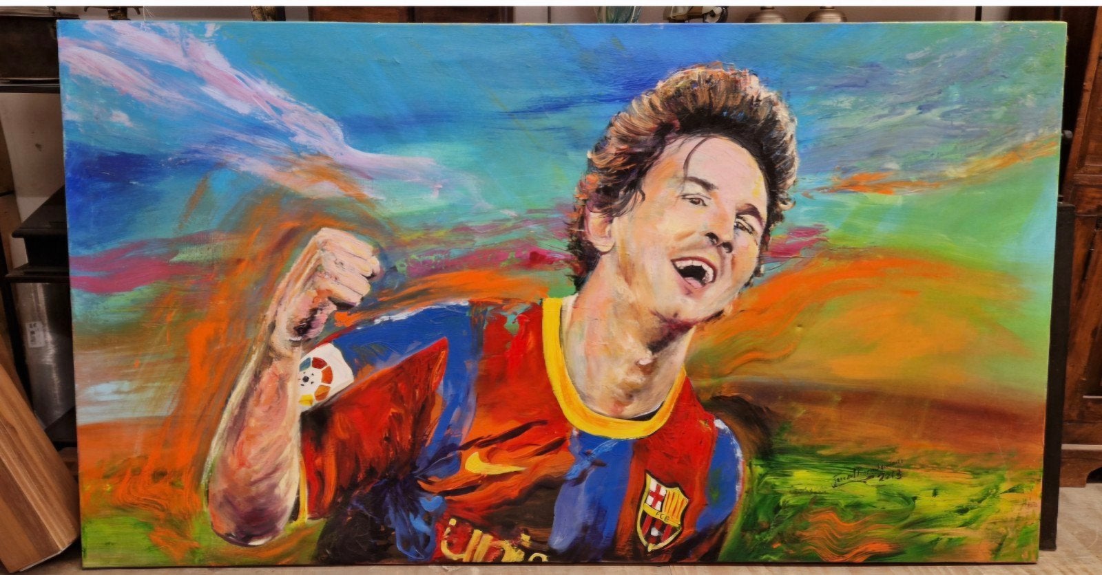 Levendig Portret van Lionel Messi - Olieverf op Doek, Antiek en Kunst, Kunst | Schilderijen | Klassiek, Ophalen, Doek, Portret of Personen
