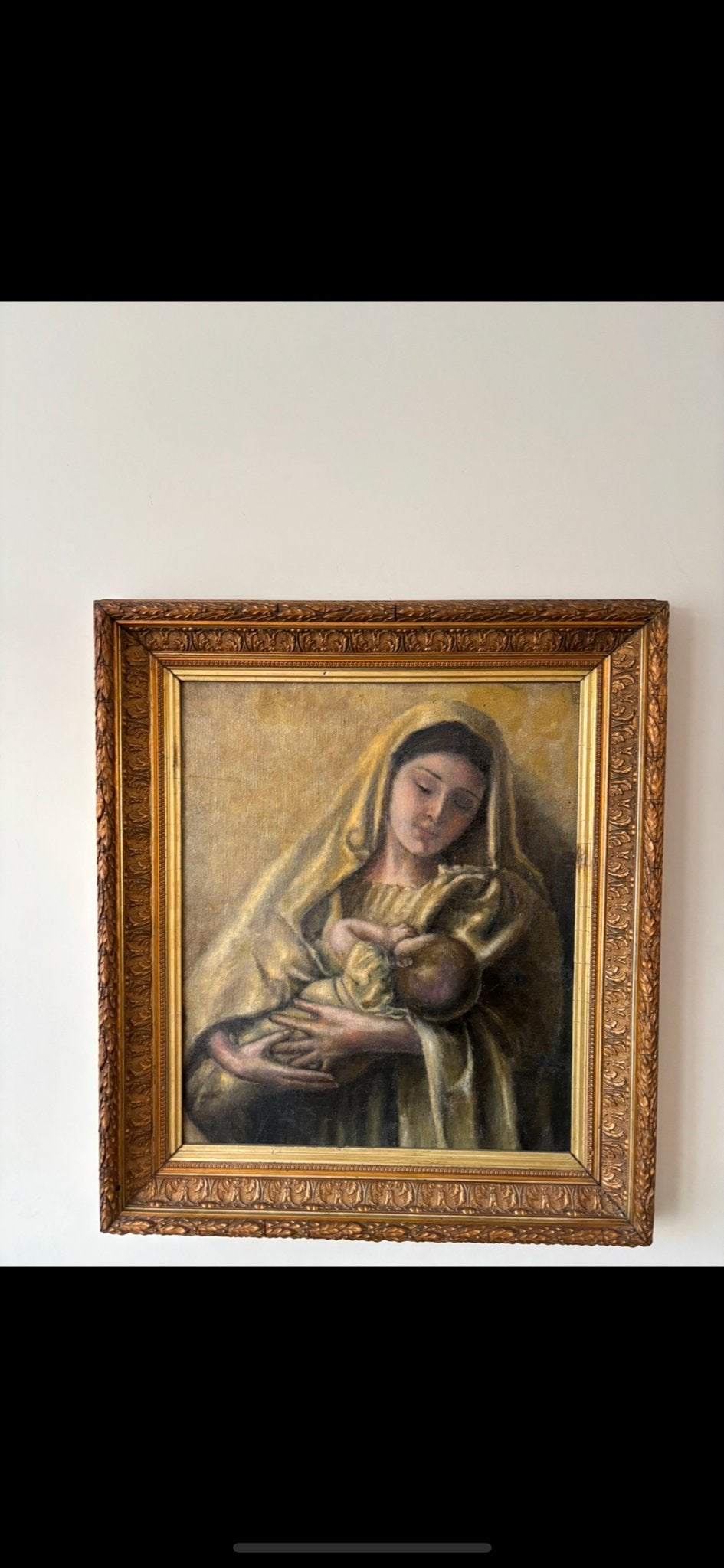 Oud schilderij: Maria met kind in gouden lijst, Ophalen