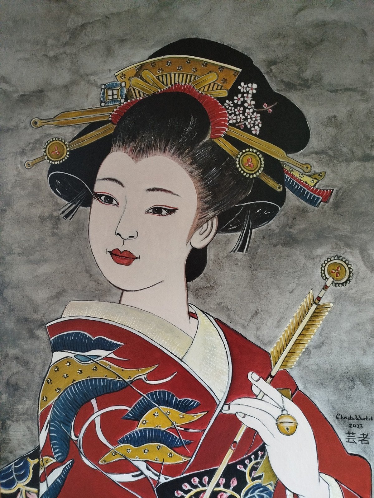 Geisha, Antiek en Kunst, Ophalen, Acrylverf, Gesigneerd, Portret