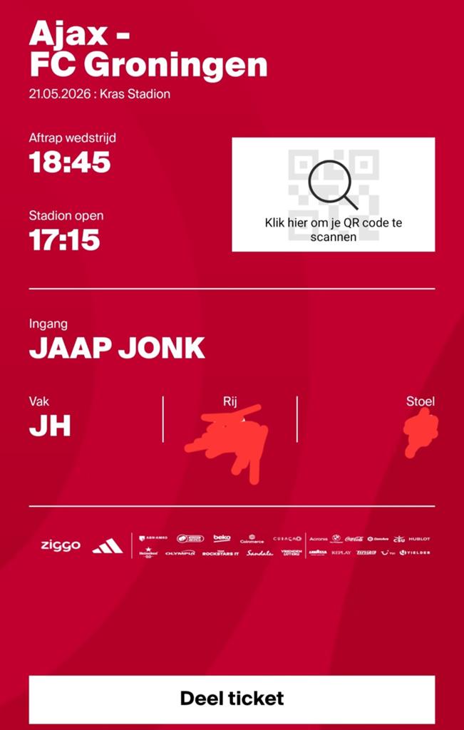 2x Ajax-FC Groningen, Jaap Jonk tribune, Tickets en Kaartjes, Twee personen, April