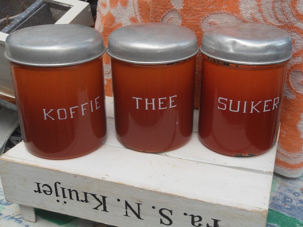 emaille bussen/ voorraadbussen koffie thee suiker/ email, Ophalen of Verzenden