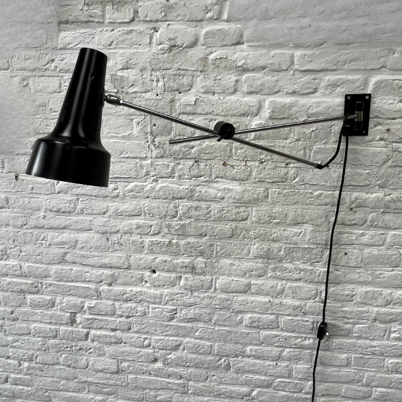 Midcentury wandlamp / hengellamp zwart staal - industrieel, Gebruikt, Zwart, Onbekend, Onbekend