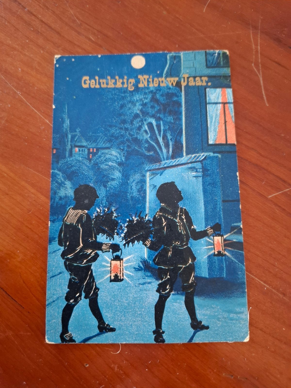 Oude Nieuwjaarskaart met kinderen en lantaarns, Ophalen of Verzenden, Voor 1920, Gelopen, Feest(dag)