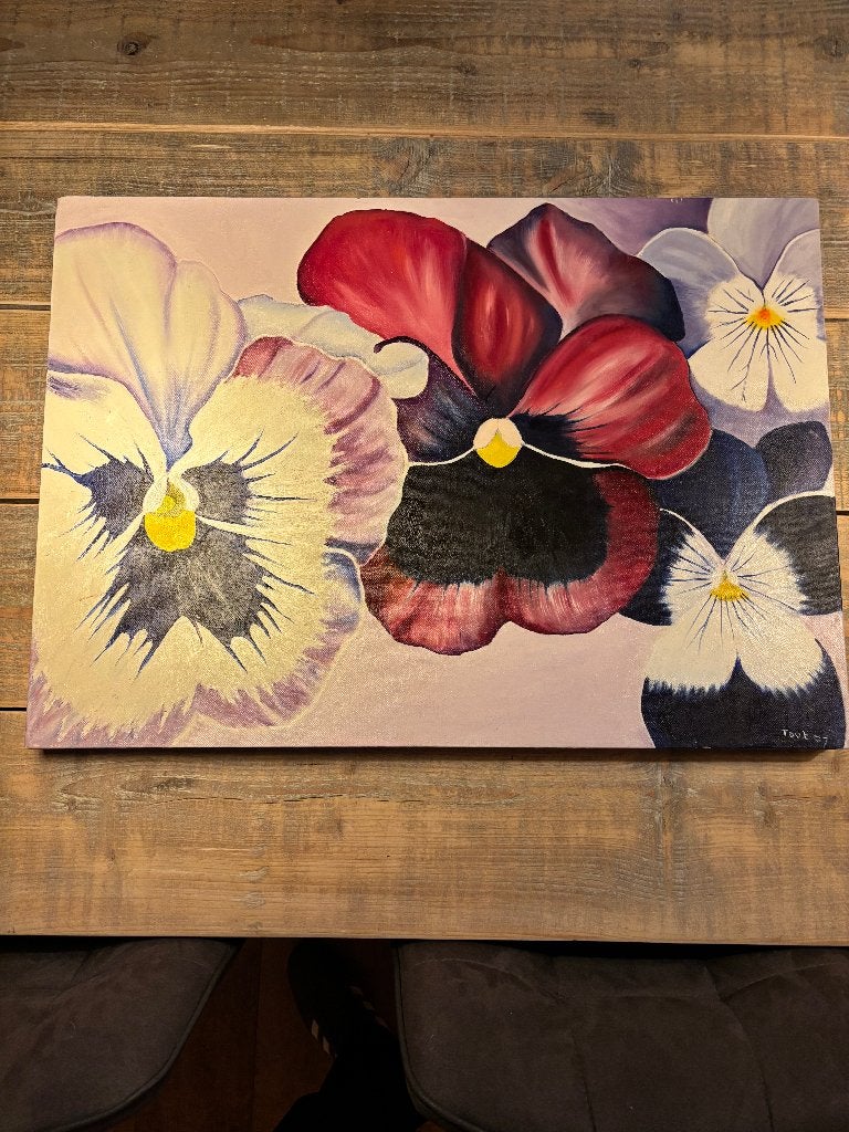 Origineel schilderij Viooltjes – handgeschilderd – 50x70 cm, Ophalen of Verzenden