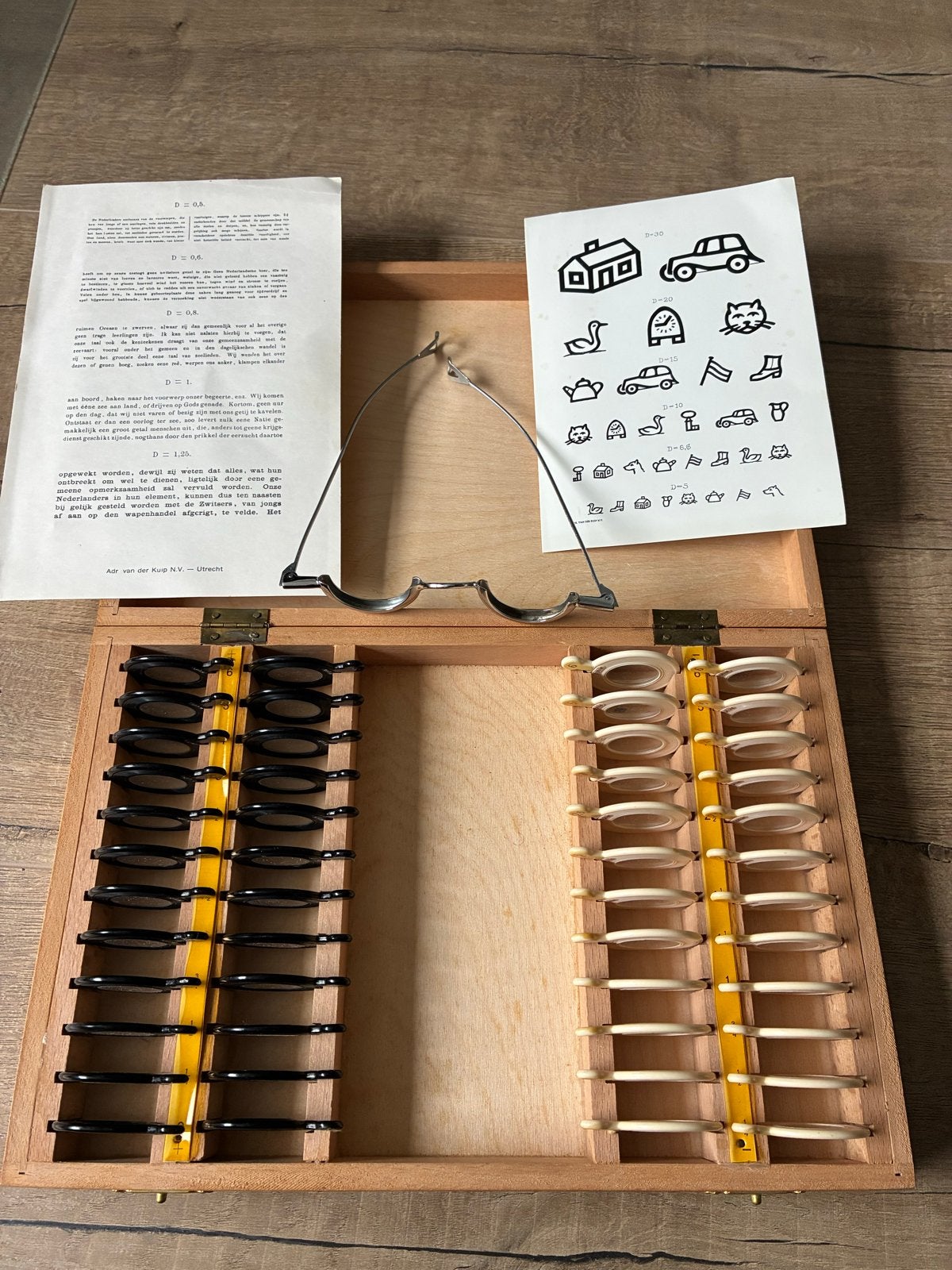 Vintage Optometrist Proefbril Set met Houten Kist, Verzenden
