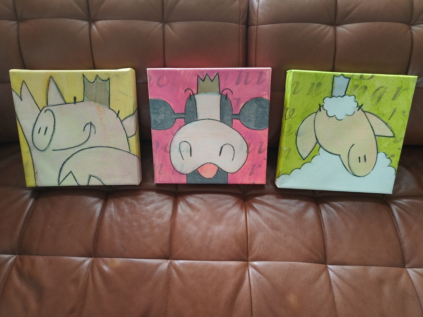 ### Dieren Trio ###, Ophalen of Verzenden, Dieren, Op houten frame, Olieverf