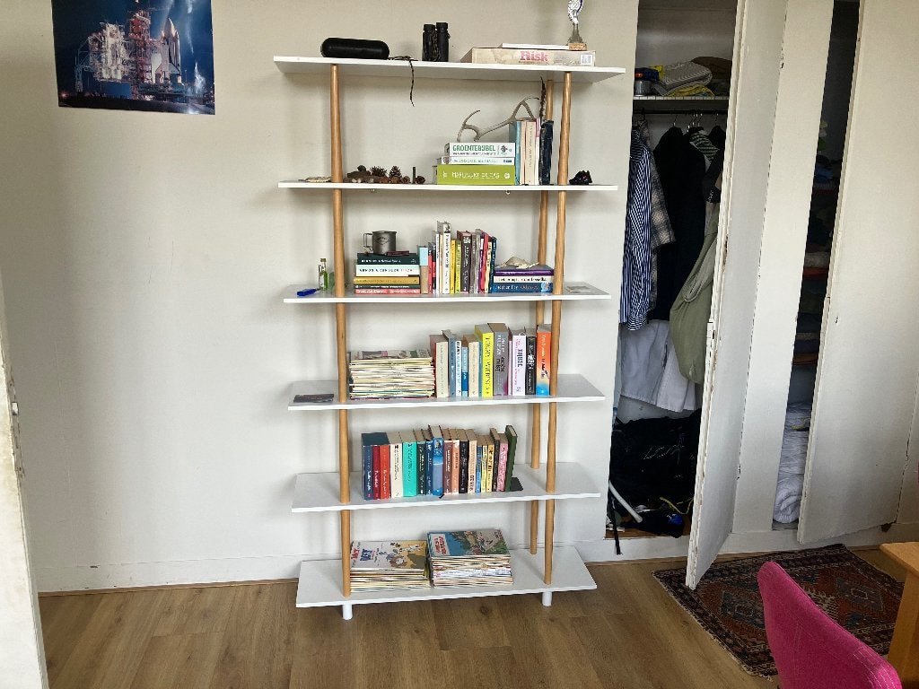 Moderne Boekenkast met 5 Planken - Wit en Hout, Ophalen, Met plank(en), Overige materialen, Modern, Scandinavisch