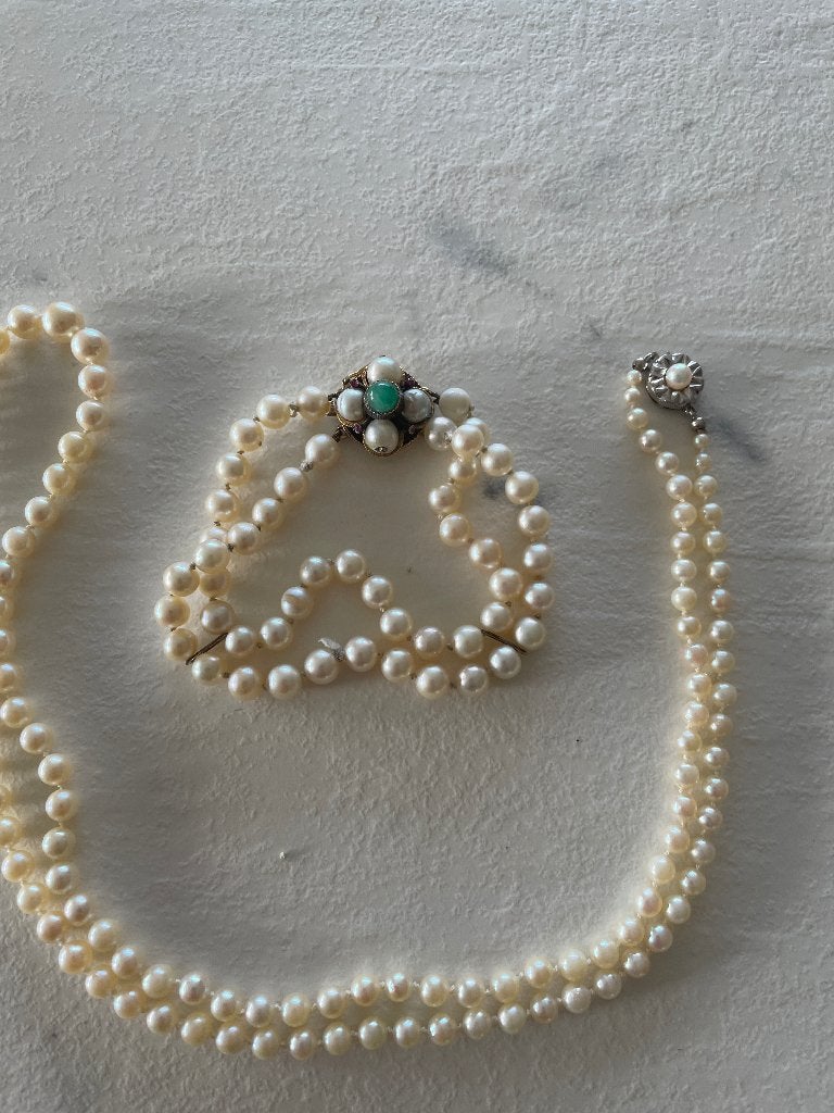Tk, antieke parelketting en armband, met edelen sluitingen., Ophalen of Verzenden, Zilver