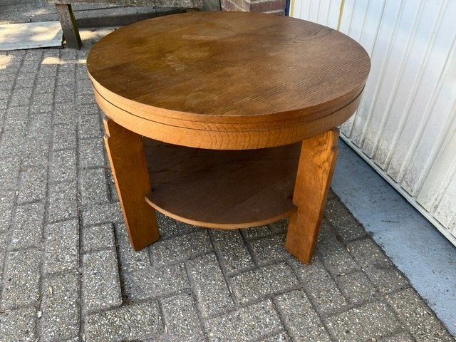 Bijzettafel rond eikenhout Amsterdamse school Art Deco, Ophalen, Gebruikt, Rond, 75 cm of meer