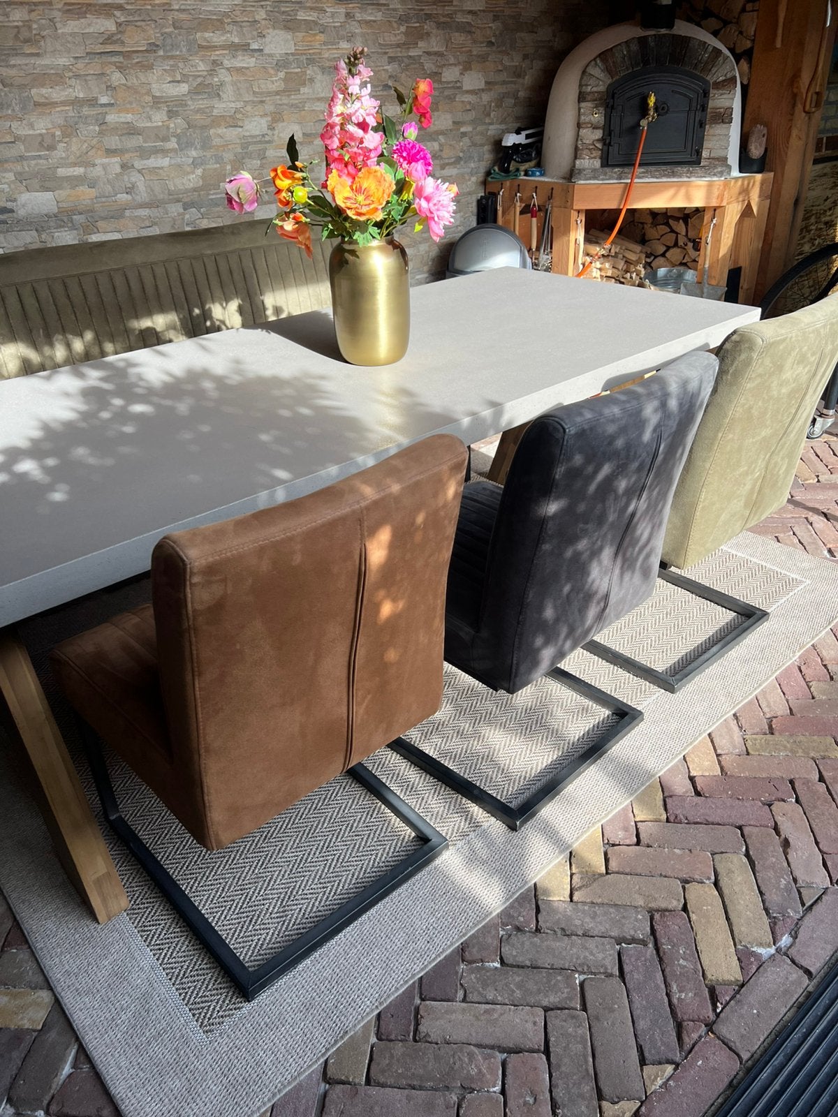 Eetbank groen en 3 eetstoelen groen bruin grijs parantino, Ophalen, Zo goed als nieuw