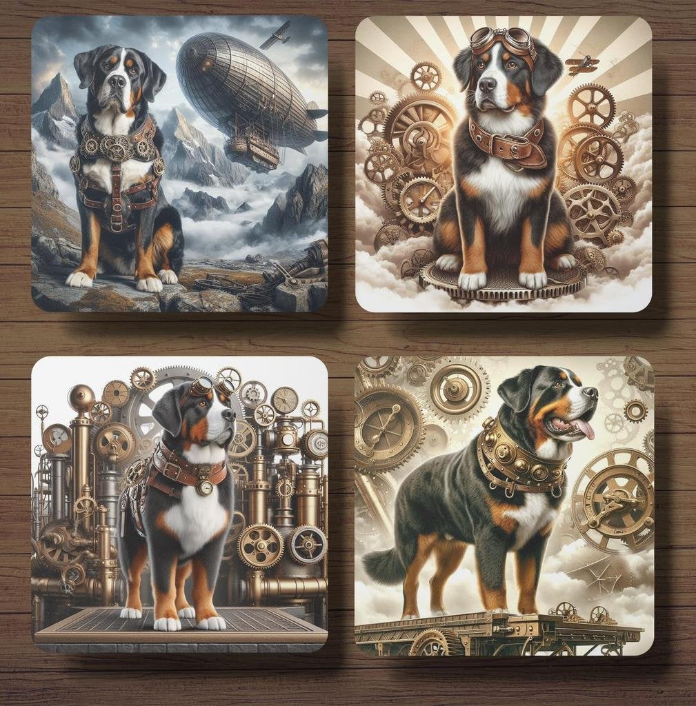 Grote Zwitserse Sennenhond Steampunk onderzetters met houder, Ophalen of Verzenden, Nieuw