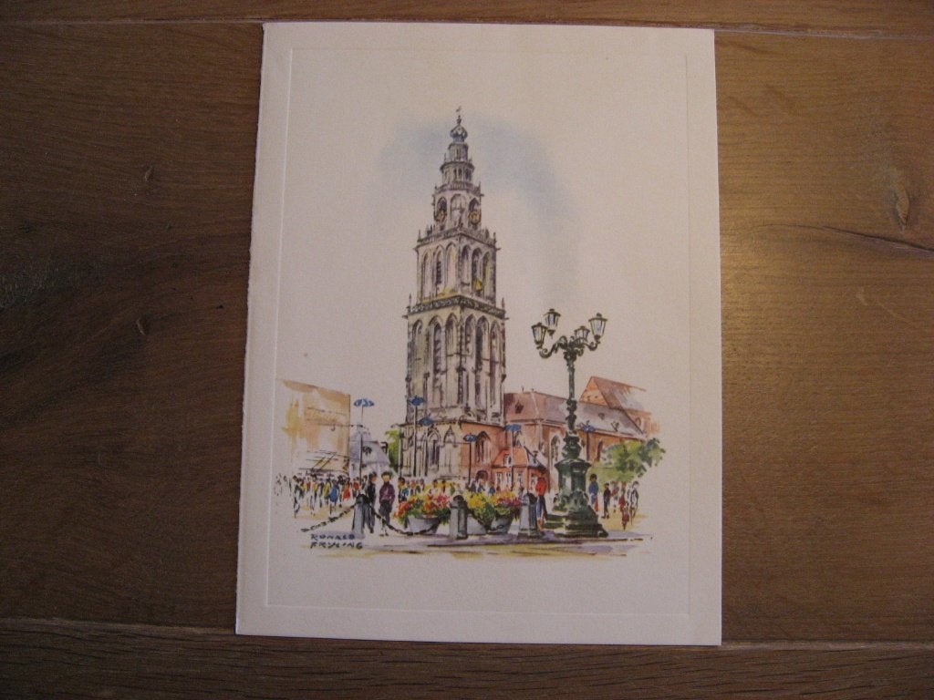 prachtig oude litho Martinitoren, Ronald Fryling, 15 cm x 20, Gesigneerd, Verzenden, Overige onderwerpen, Lithografie