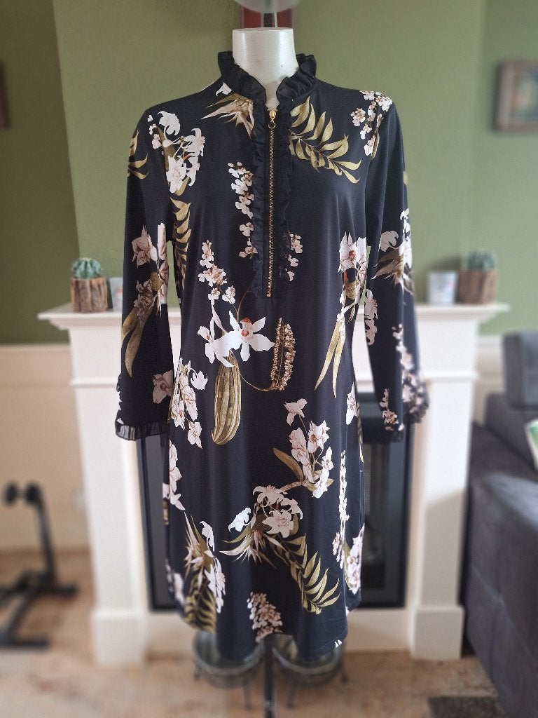 K-Design orchidee jurk mt XL, Kleding | Dames, K-design, Verzenden, Zwart, Maat 46/48 (XL) of groter