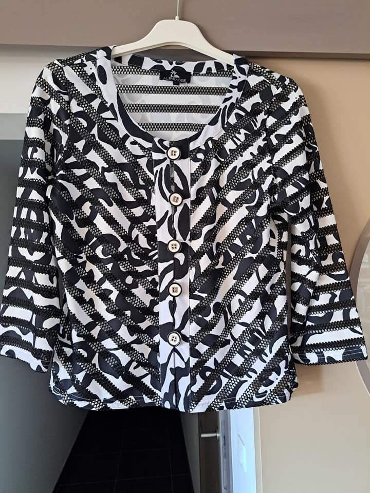 Knappe blouse, zwart/wit, half doorschijnend, M (L), Ophalen of Verzenden, Zo goed als nieuw, Maat 38/40 (M), Wit