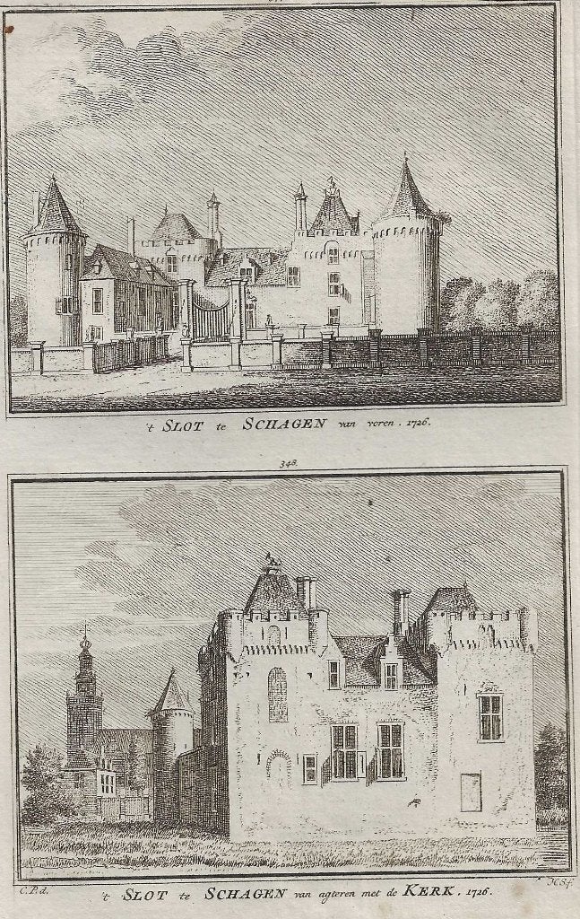 Slot Schagen / Slot Schagen met Kerk 1726 Kopergrav. Spilman, Stadsgezicht, Ophalen of Verzenden, 15 cm, 10 cm