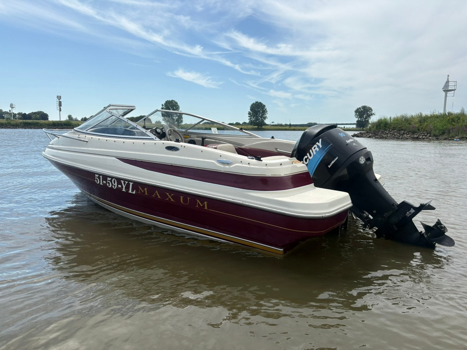 Maxum 1700 XC Cuddy met Mercury 90 pk Optimax en trailer, Watersport en Boten, Ophalen, Overige merken, Gebruikt, Elektrische start