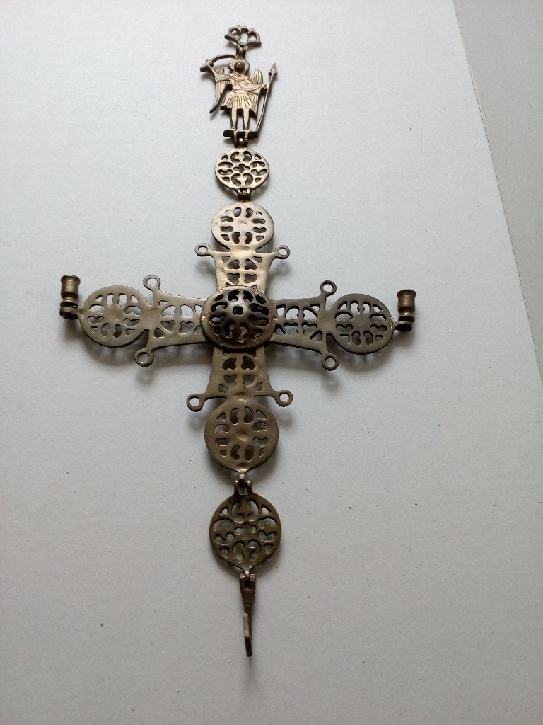 Oud messing Byzantijns kruis met engel en kandelaars, Ophalen of Verzenden