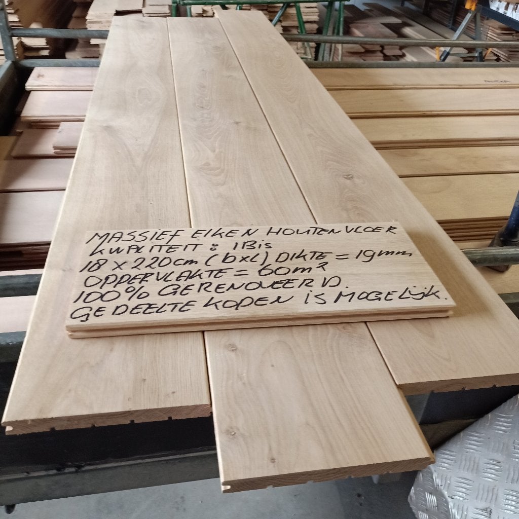 massief eiken houten vloer, 60m2, 18cm br, 100% gerenoveerd, Zo goed als nieuw, 10 m² of meer, 10 tot 30 cm, Hout