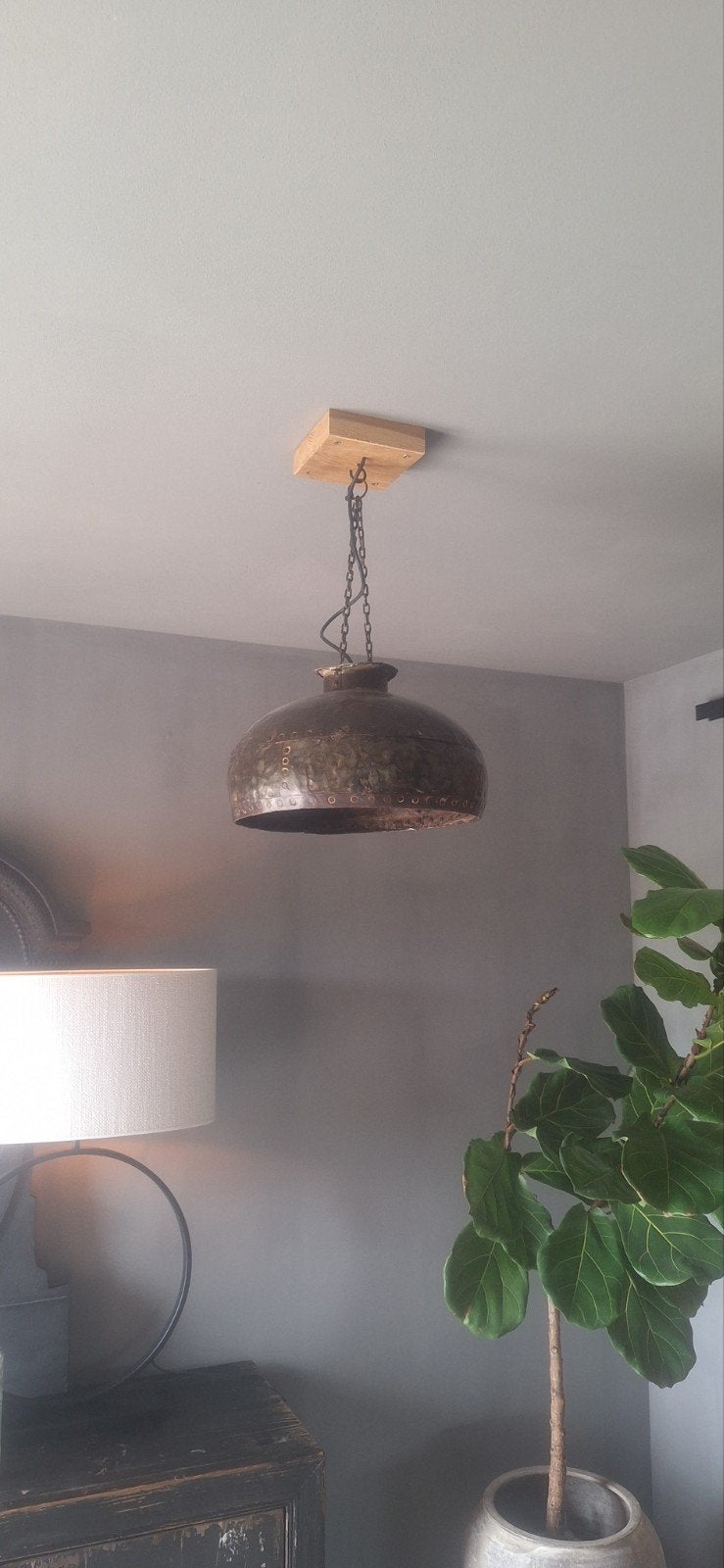 Landelijke kruiklamp van metaal in bruine tinten, Ophalen of Verzenden, Gebruikt, Metaal, Landelijke