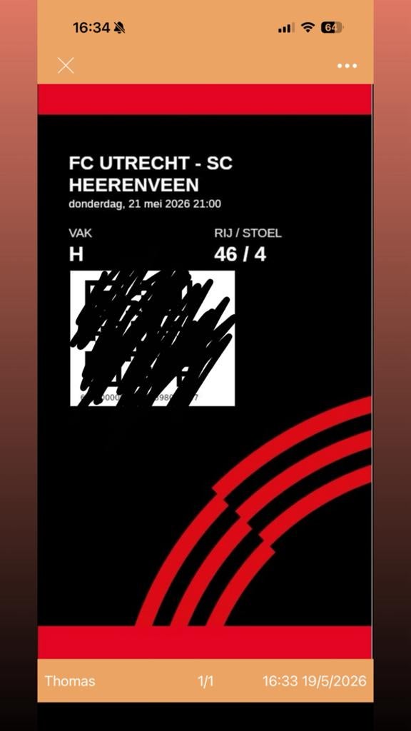 Bunnikside ticket Fc Utrecht - Heerenveen Play offs, Eén persoon, Juli
