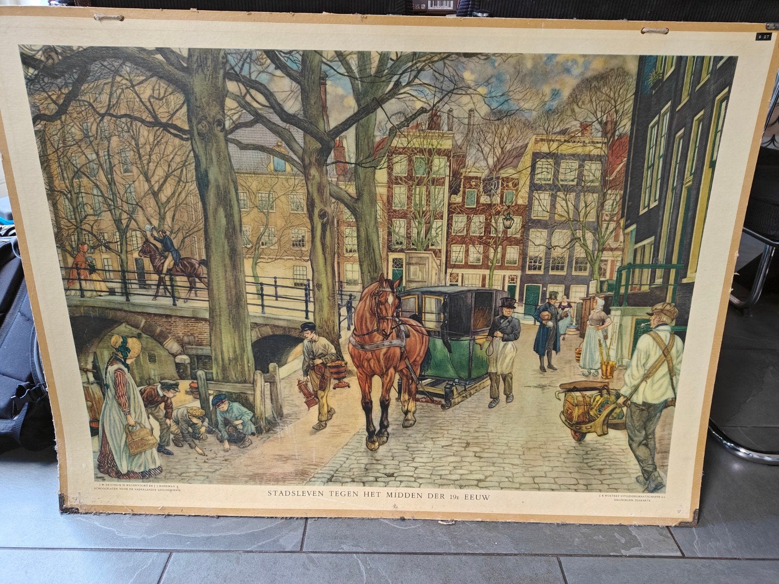 Schoolplaat Stadsleven midden 19e eeuw - J.B. Wolters, Antiek en Kunst, Antiek | Schoolplaten, Ophalen, Geschiedenis
