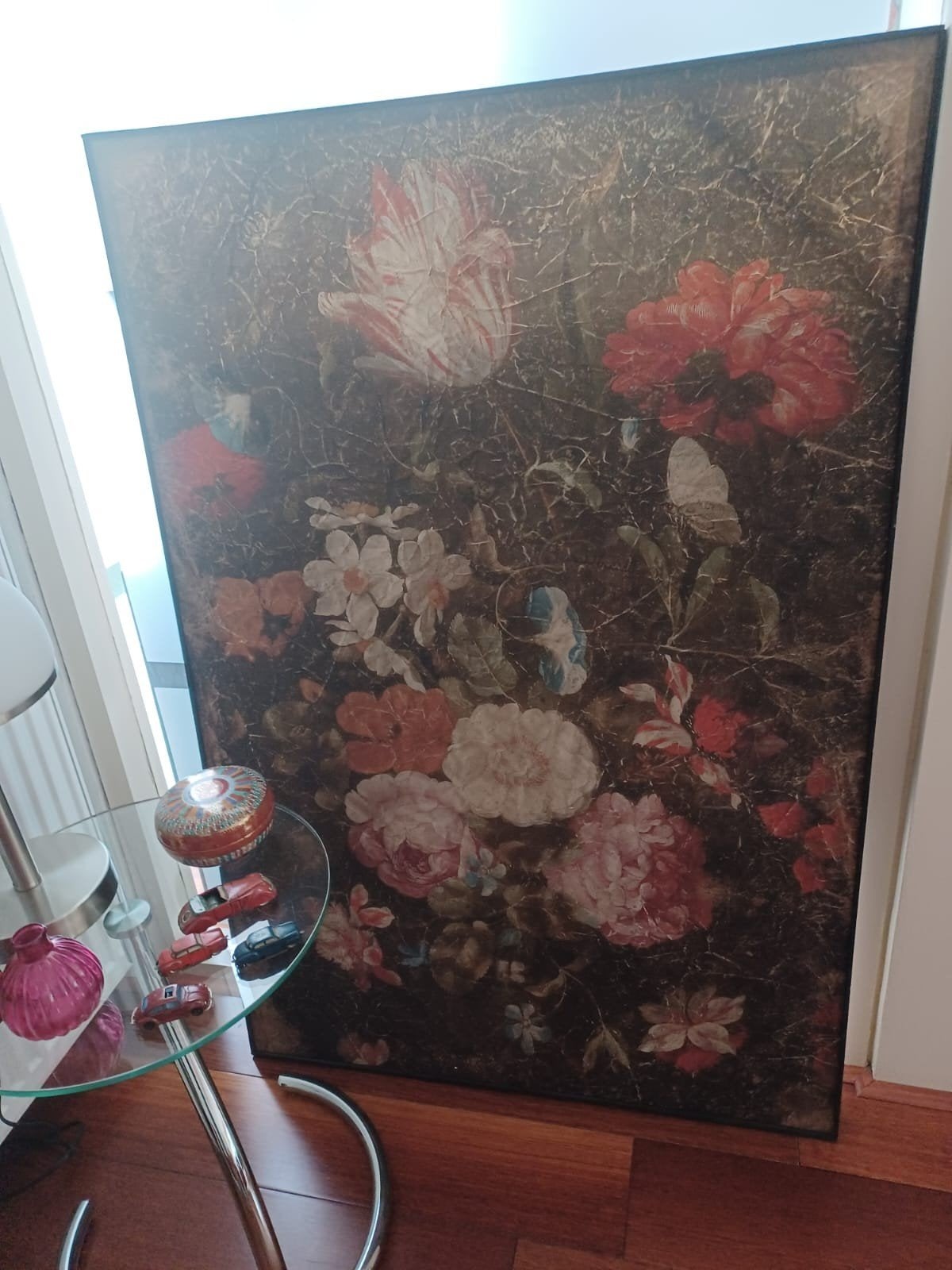Groot bloemenschilderij in klassieke stijl, Antiek en Kunst, Overige ondergronden, Klassiek, Ingelijst, Ophalen