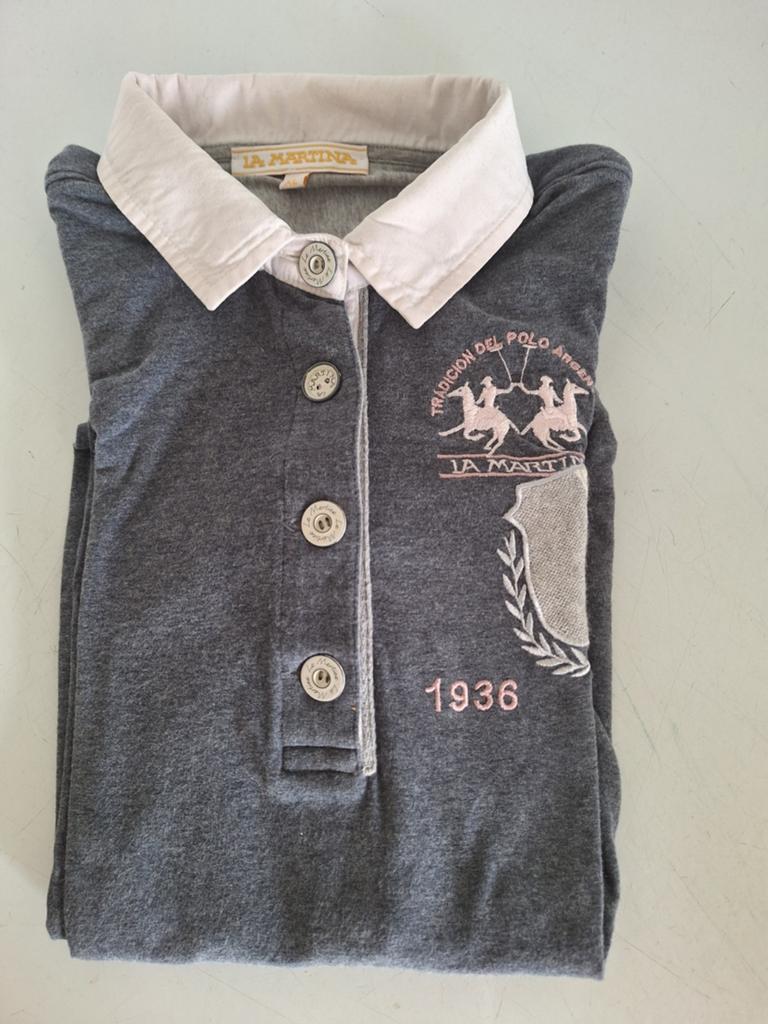 La Martina poloshirt dames XL, grijs met roze kraag, Maat 46/48 (XL) of groter, Ophalen of Verzenden, La Martina, Lange mouw