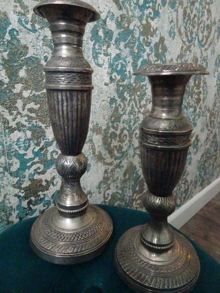 Verzilverde bij elkaar passende kandelaars, Ophalen of Verzenden, Zilver