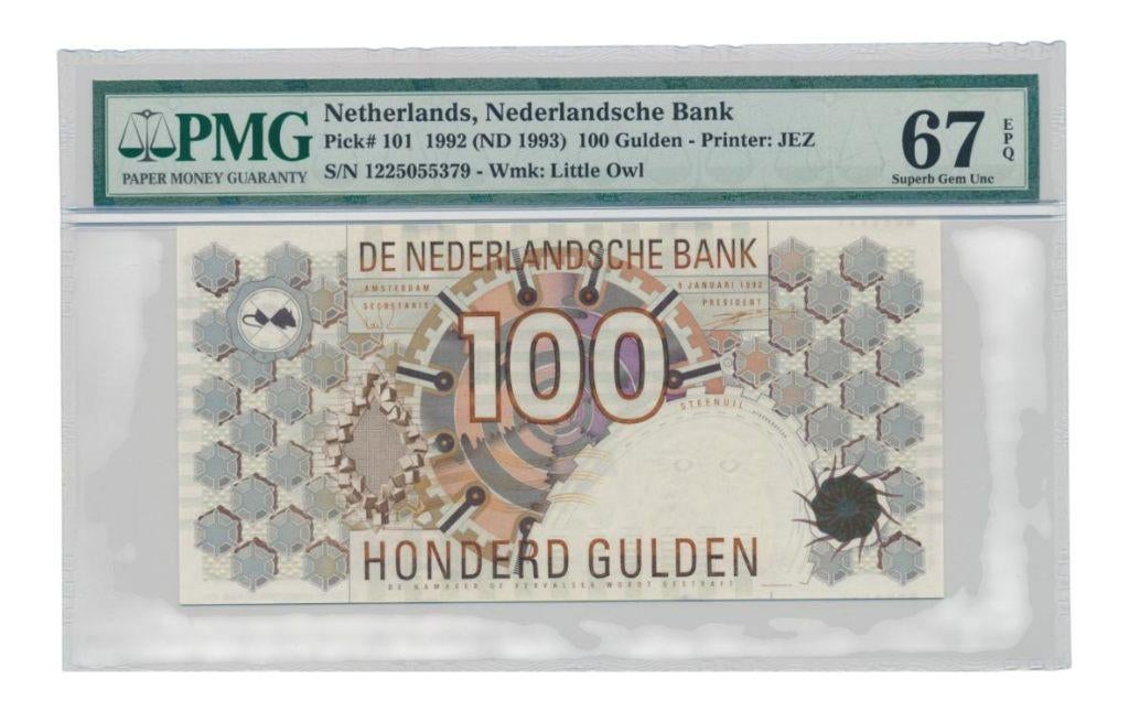 Nederland 100 gulden 1992 Steenuil PMG67 EPQ, Ophalen of Verzenden, 100 gulden, Los biljet