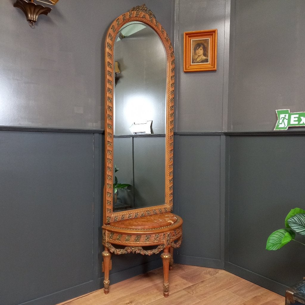 Vintage Console tafel met marmeren blad en hoge halspiegel, Gebruikt, 200 cm of meer, Ophalen of Verzenden, Rechthoekig
