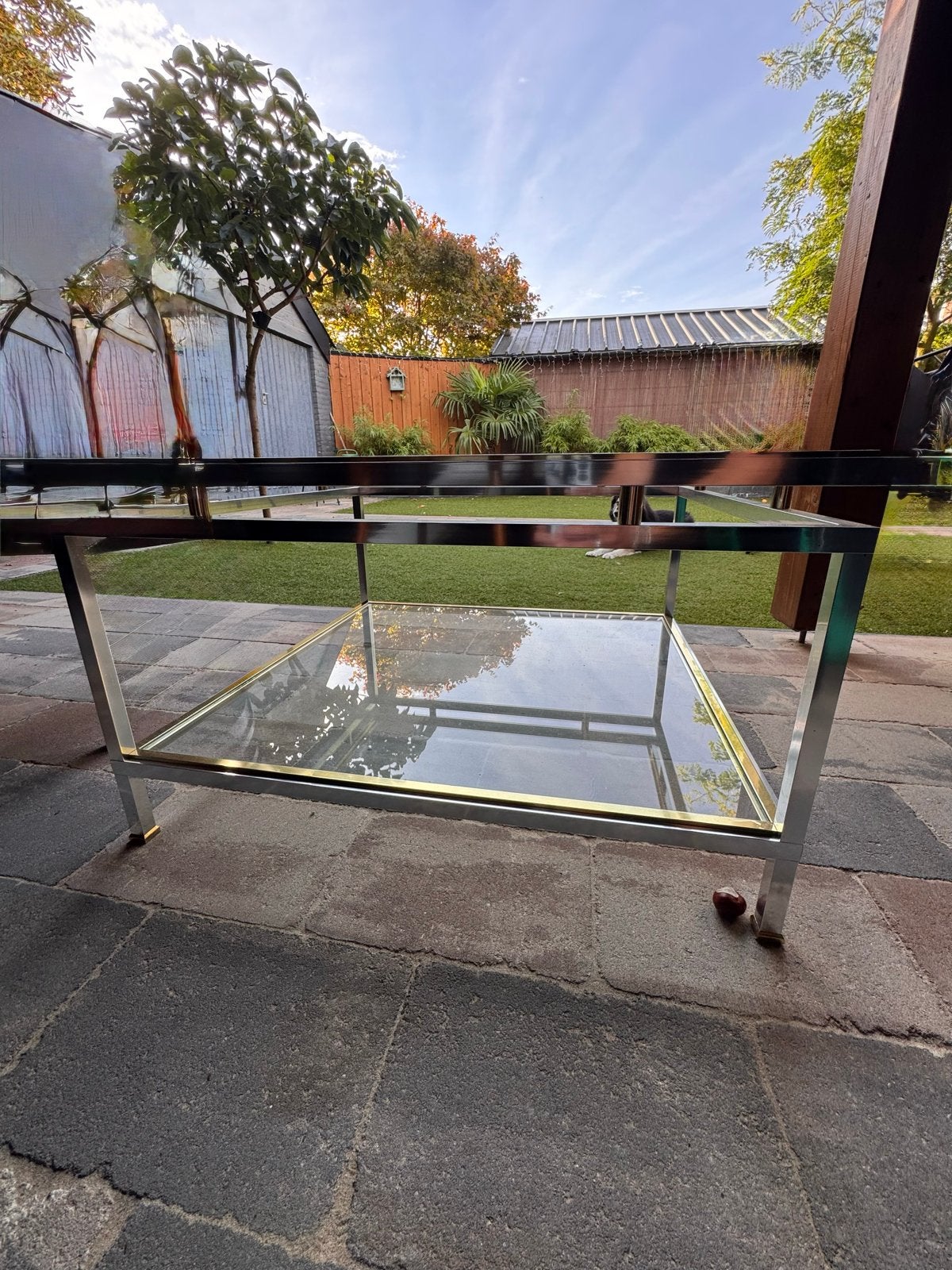 Glazen salontafel met metalen frame, Ophalen, 50 – 75, Gebruikt, Vierkant