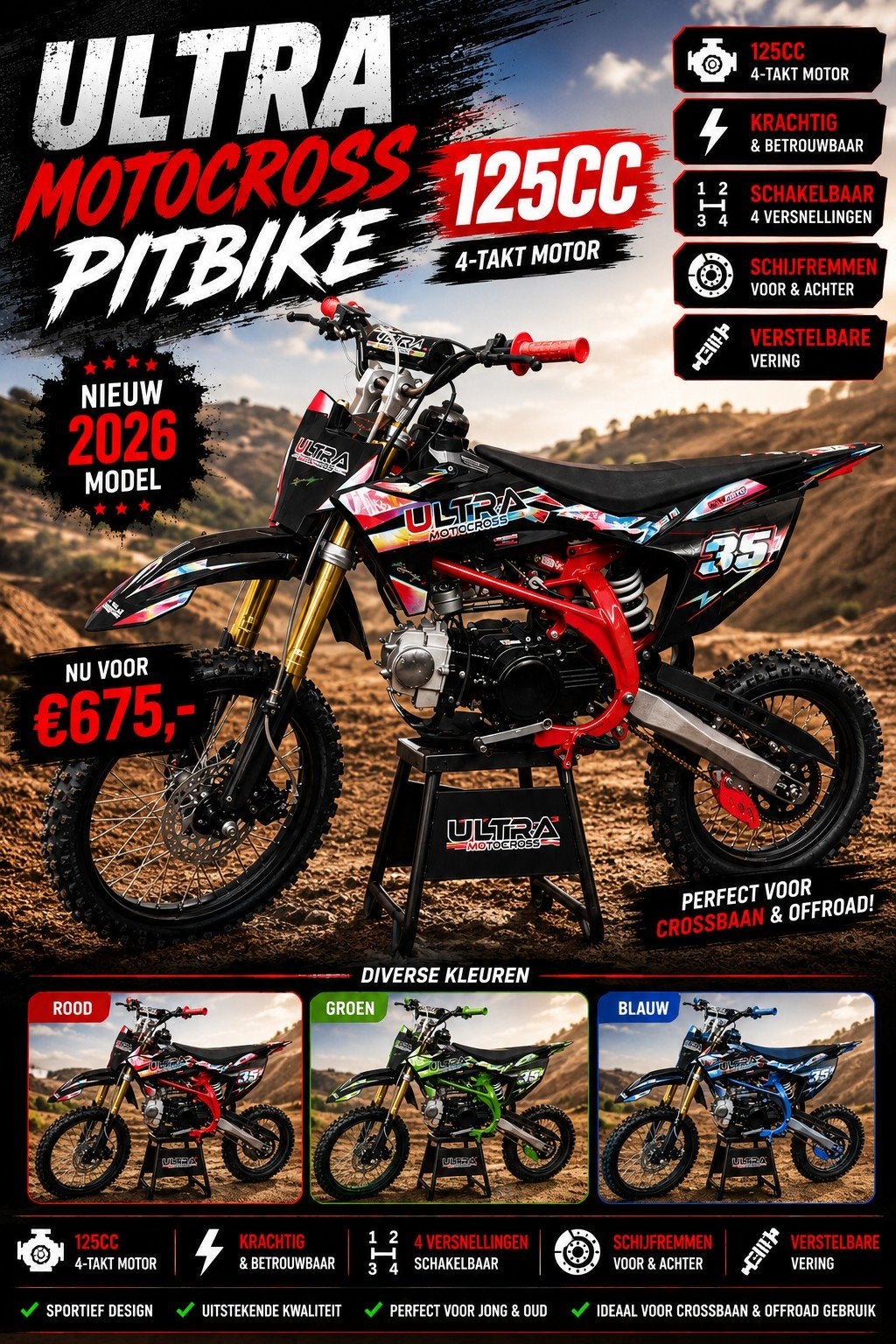 Crossmotor pitbike 125cc ultra Dirtbike quad motor, Ophalen of Verzenden, Nieuw
