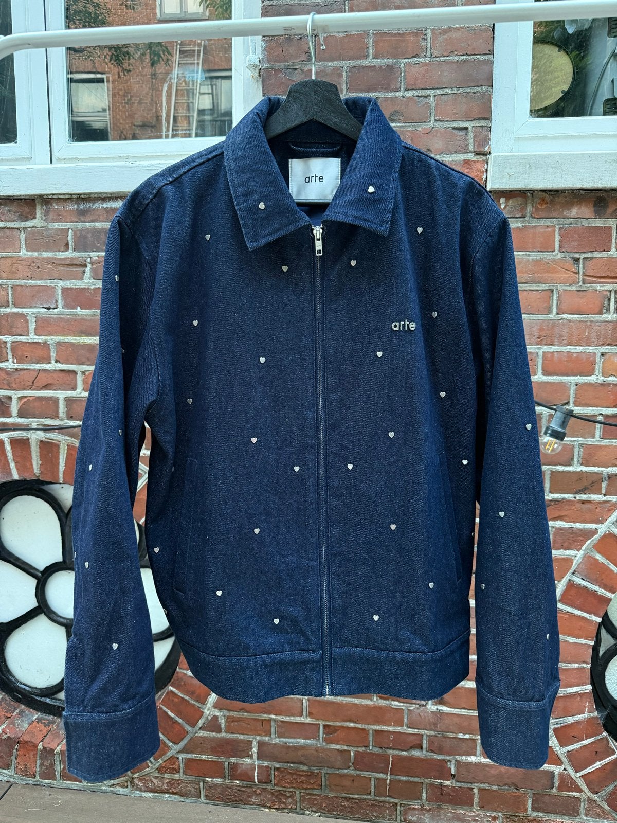 Arte Antwerp denim jas met hartjes - Maat M, Ophalen of Verzenden, Zo goed als nieuw, Maat 48/50 (M), Blauw