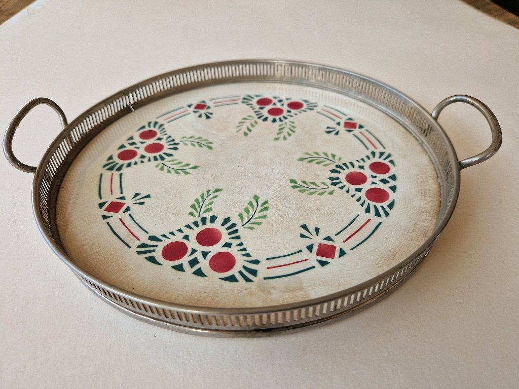 Art Deco dienblad met nikkelen rand ingelegd met porselein., Ophalen of Verzenden