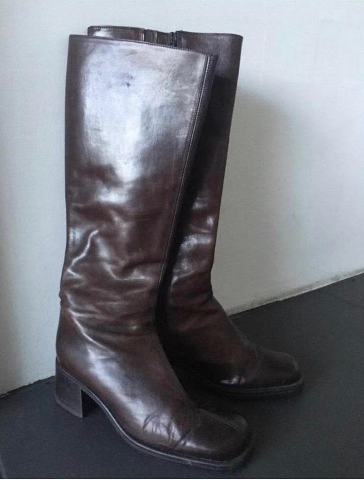 Mooie Italiaanse luxe leren hoge laarzen met dikke hakken, Hoge laarzen, Bruin, Ophalen of Verzenden, Gedragen
