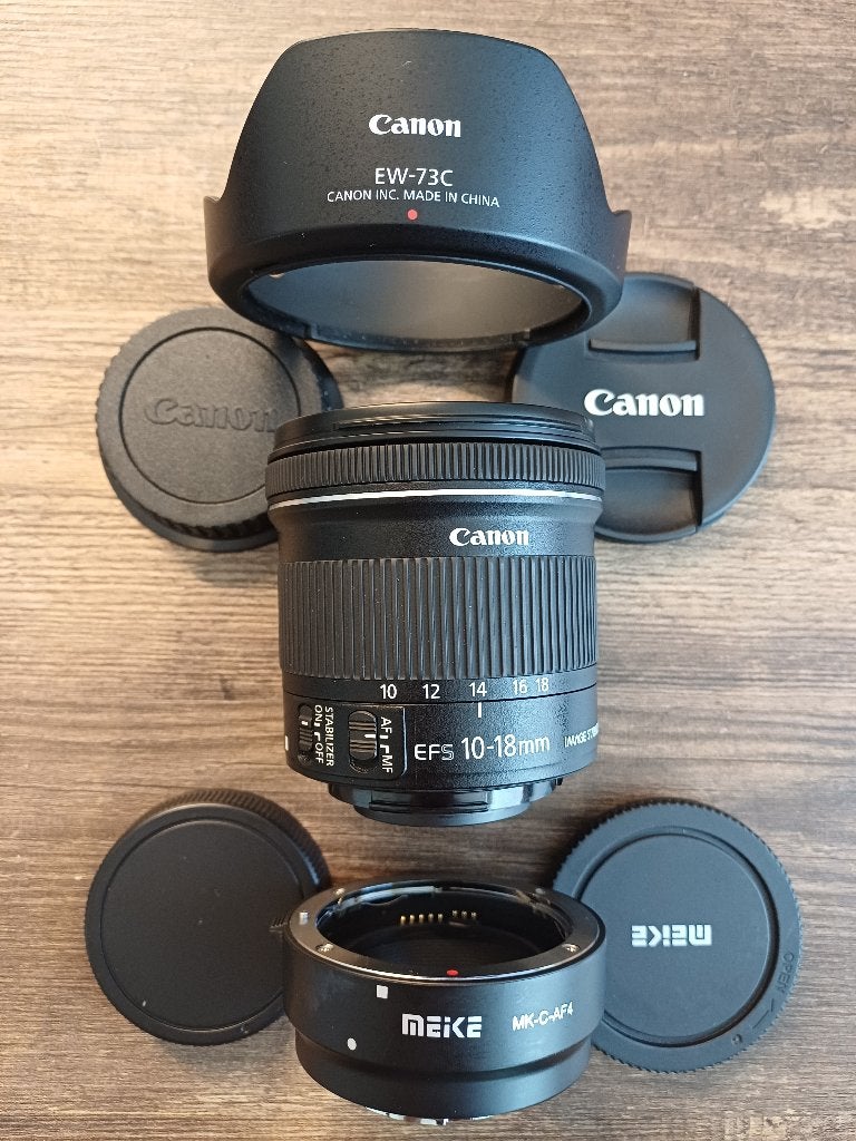 Canon EF-S 10-18mm IS stm + Hood + Meike EOS M Adapter, Audio, Tv en Foto, Fotografie | Lenzen en Objectieven, Ophalen of Verzenden