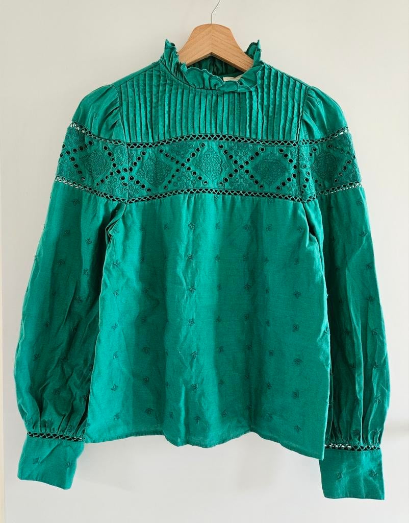 Sezane Blouse Lotta Groen Maat XS 34 Linnen Volants Ruches, Kleding | Dames, Blouses en Tunieken, Zo goed als nieuw, Maat 34 (XS) of kleiner